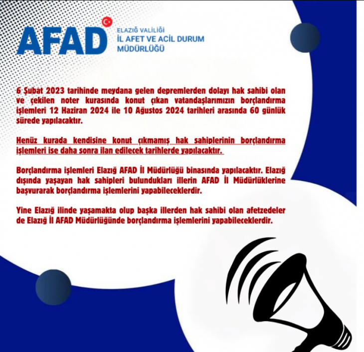 AFAD'dan borçlandırma duyurusu