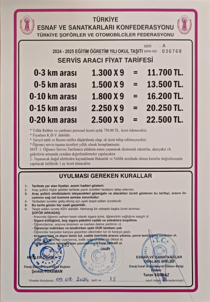 Okul servisleri tarifesi açıklandı